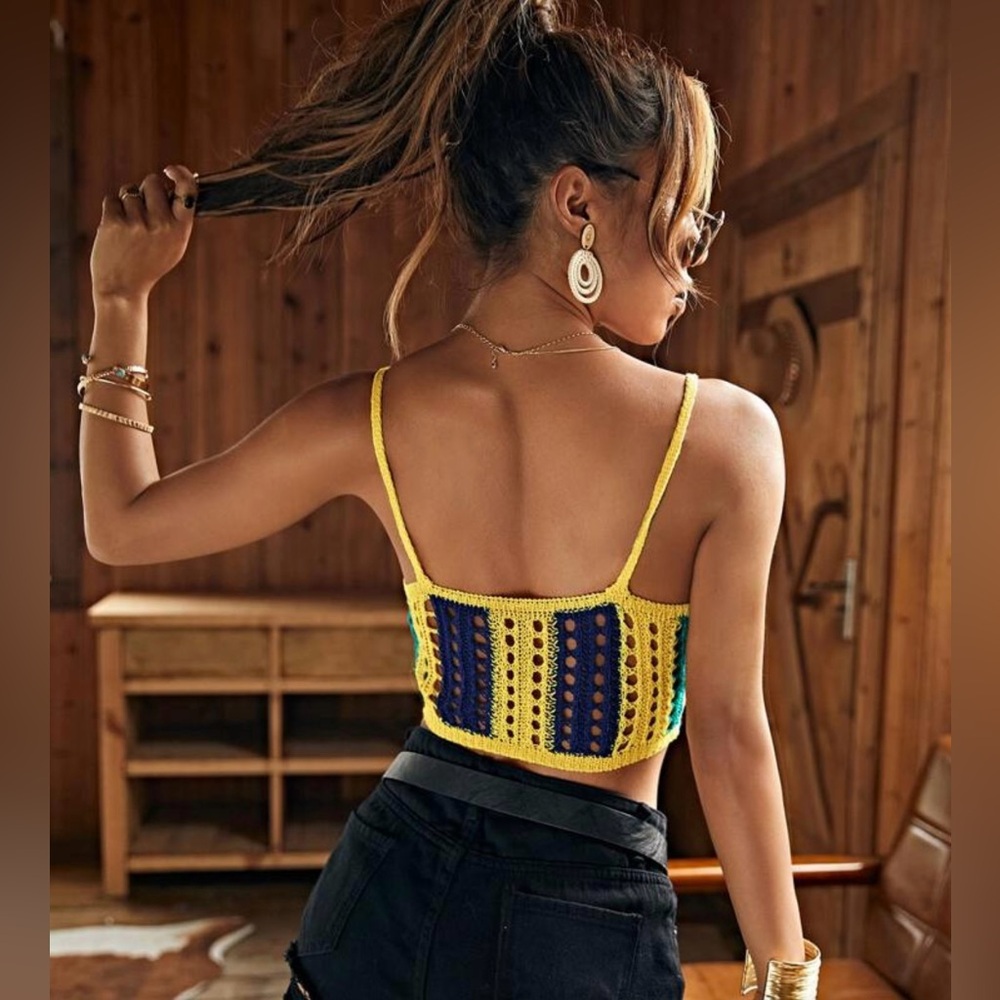 SHEIN Colorblock Knit Lace-up Front Crochet Cover Up SZ XL Yellow Blue Crop Top - Picture 3 of 7